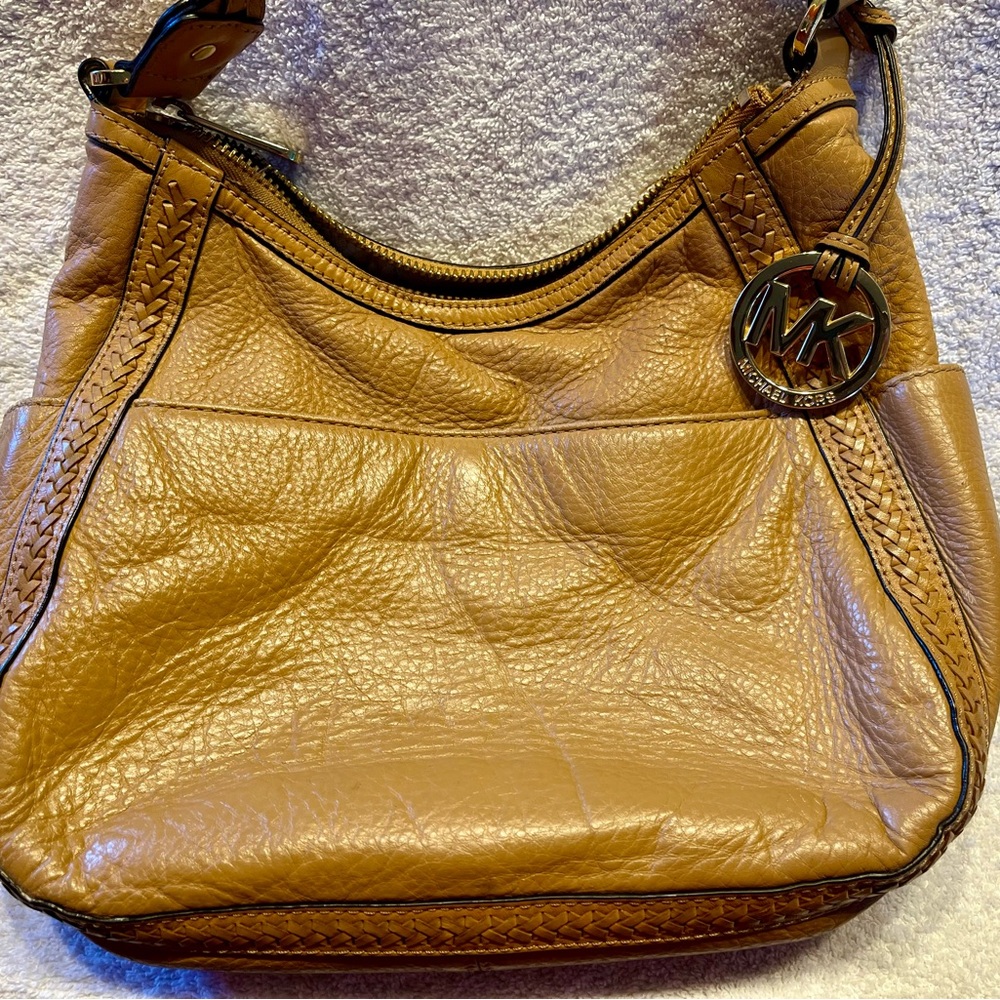 Michael Kora camel leather hobo shoulder handbag with braided strap EUC